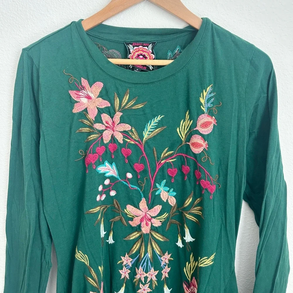 Johnny Was Amarylla Handkerchief Green Floral Embroidered Midi Dress - Medium - Picture 9 of 12